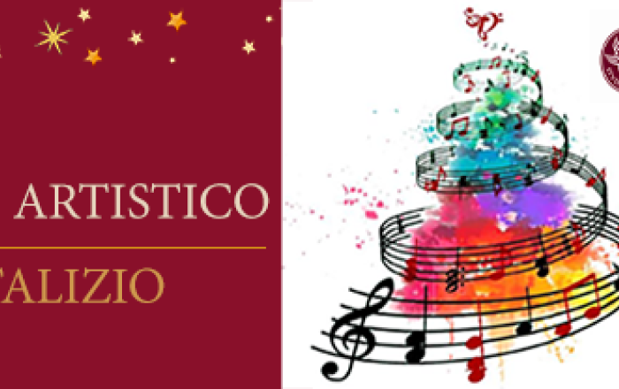 Rappresentazione grafica di un albero composto da macchie di colori e note musicali